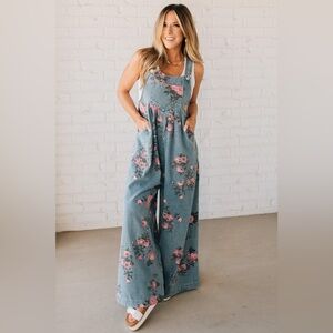 BiBi Blue Denim overalls with Pink Floral Accents